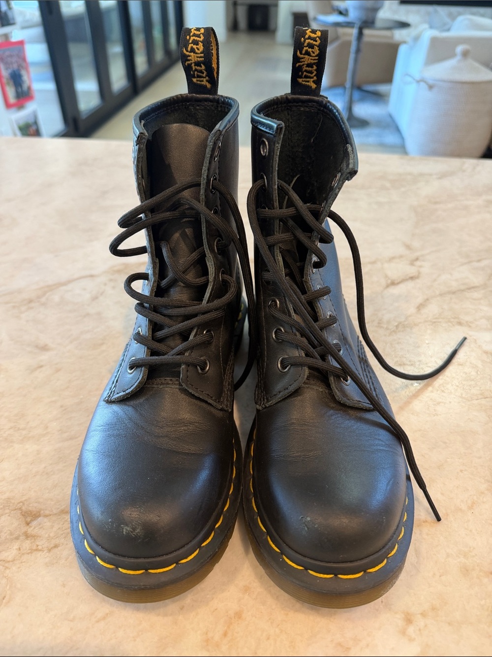 Dr. Martens Black Leather Lace-Up Boots with Yellow Stitching Pull Tabs